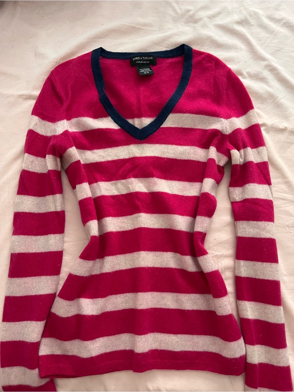 Lord & Taylor Fuchsia & Cream Striped V-Neck Sweater with Navy Trim